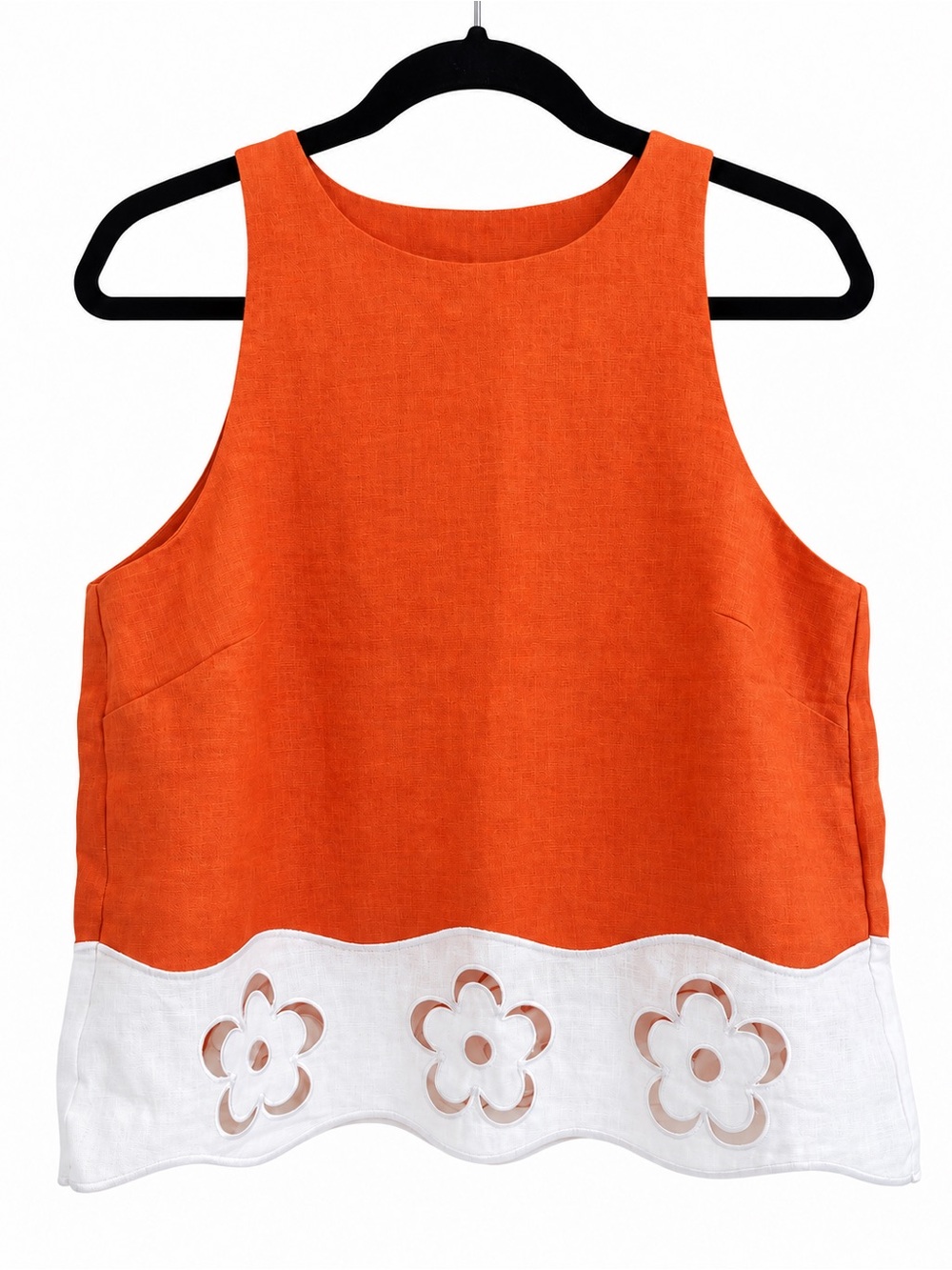 STAUD Orange Linen-Blend Sleeveless Tank with White Floral Cutout Hem